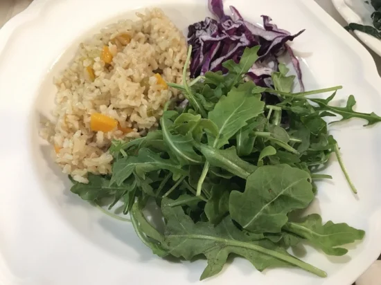 Arugula, red cabbage and brown basmati rice made with some veggies as a base. The way I make my rice is linked to a previous post.
