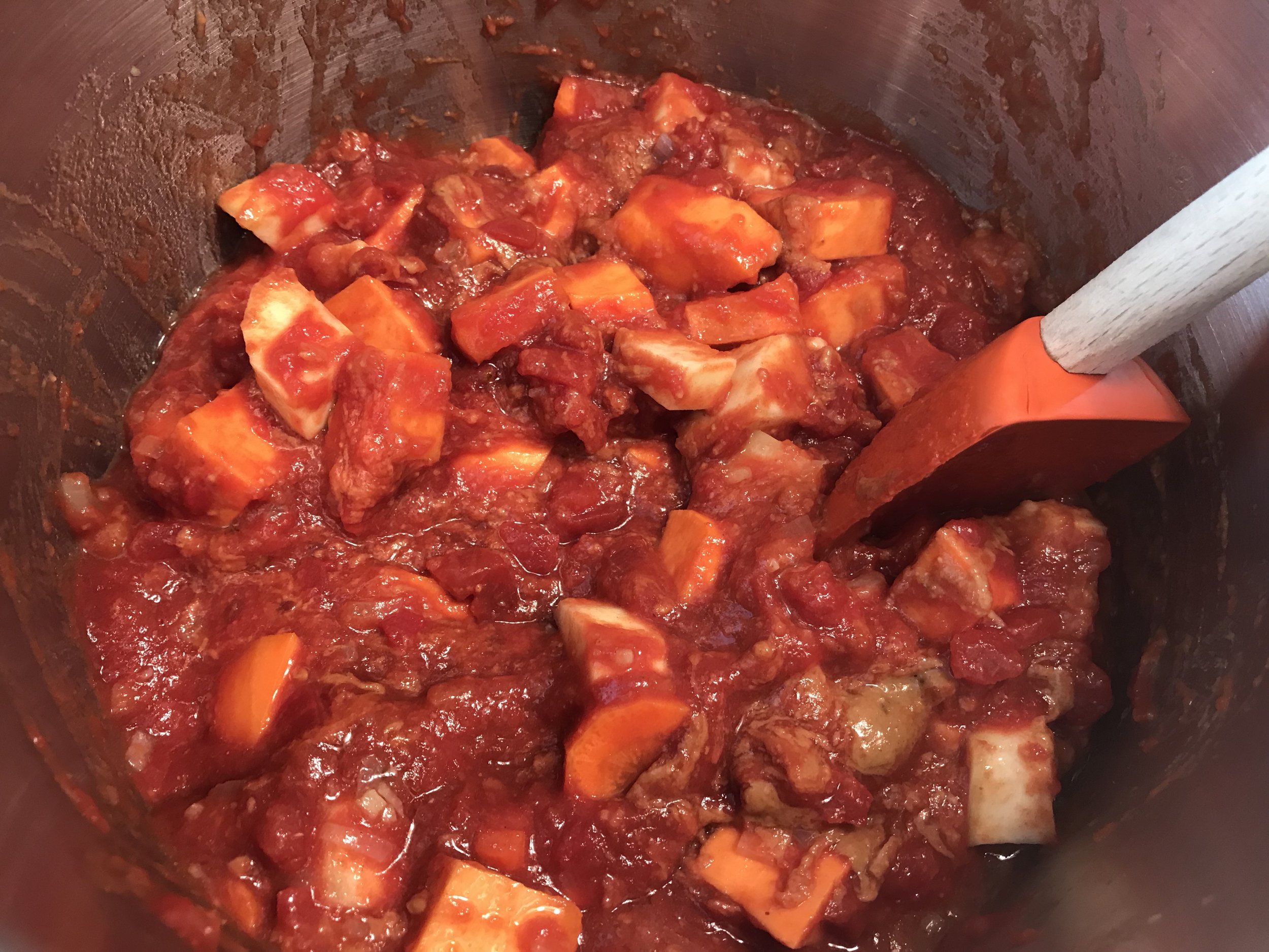 Add tomatoes and peanut butter and stir to combine. Then add broth and stir and bring to a boil, reduce heat and simmer 10 minutes and then add quinoa and simmer an additional 15 minutes. I love to use crushed tomatoes to make it creamier. You can also use an immersion blender to puree some of the soup for a creamer texture if you use the diced canned tomatoes. ***If you are not using a no salt added broth, skip the added salt in this recipe.