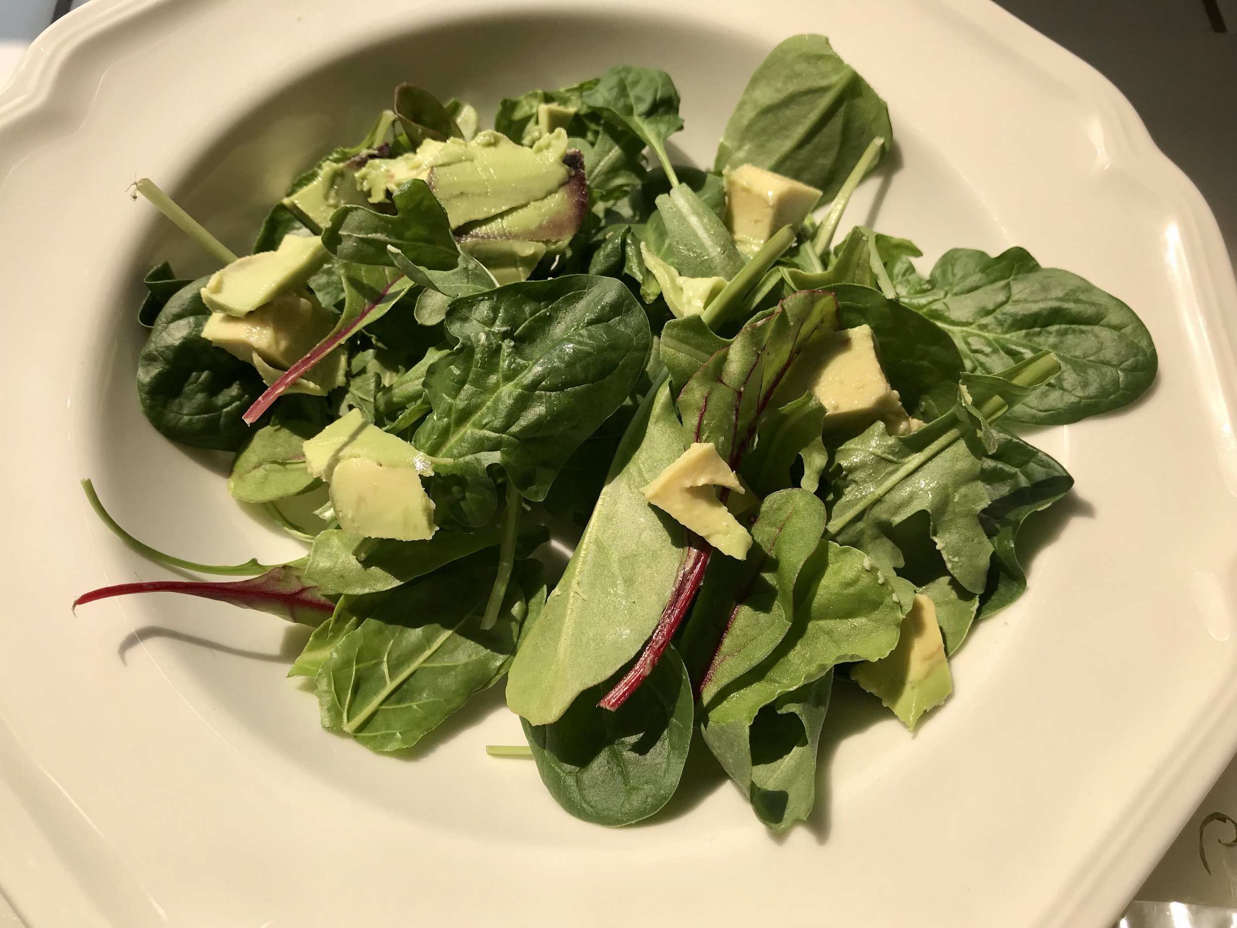 I like to put my egg creation over the top of some sturdy greens, chard, arugula, spinach and others. I picked these up at Gelsons, Organic girl super greens . I also add a little avocado and a bit of pesto for that satisfaction factor. Addition of plant based fats helps keep us satisfied and helps to absorb those fat soluble vitamins.