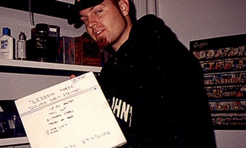 DJ Shadow holding the original Lesson 3 tape master