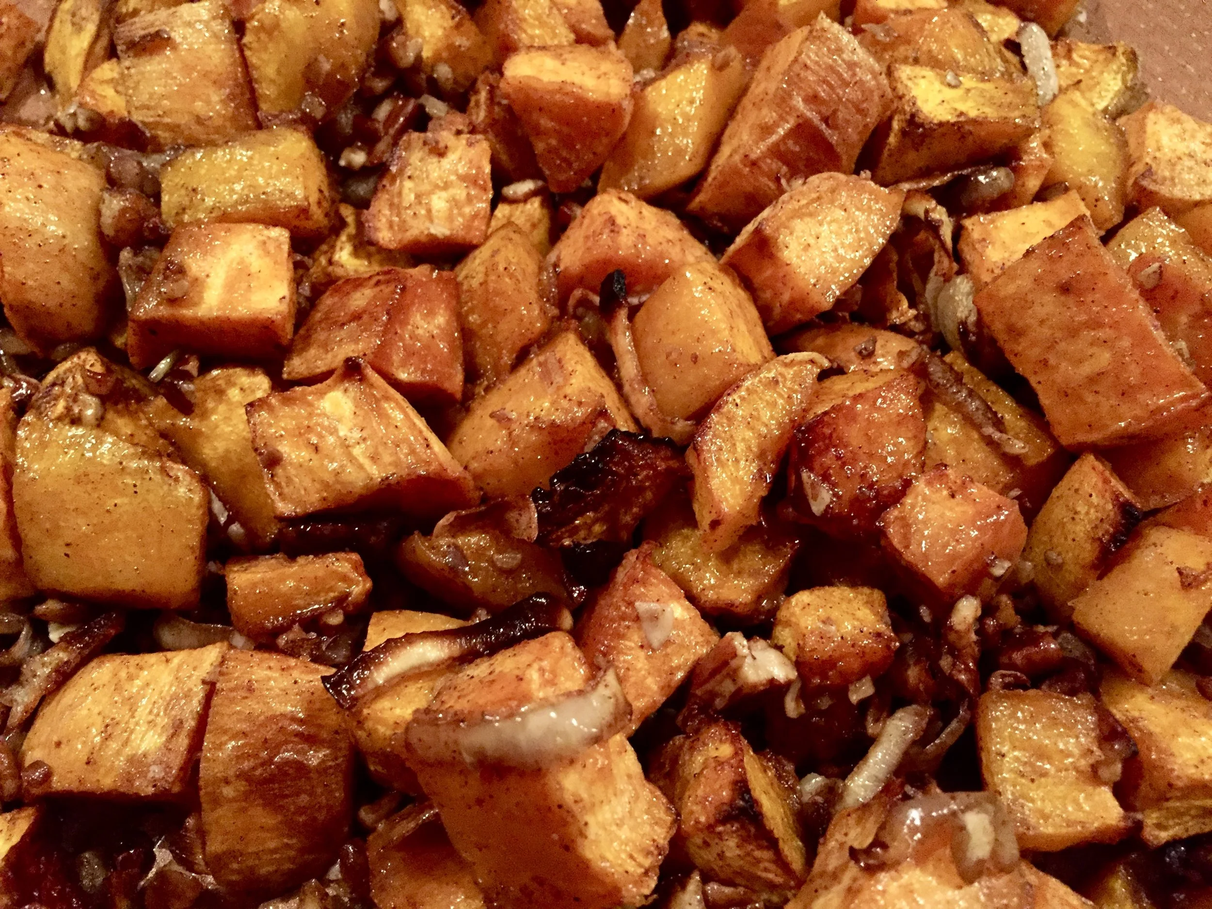 Roasted Maple Butternut Squash and Sweet Potatoes with Pecans