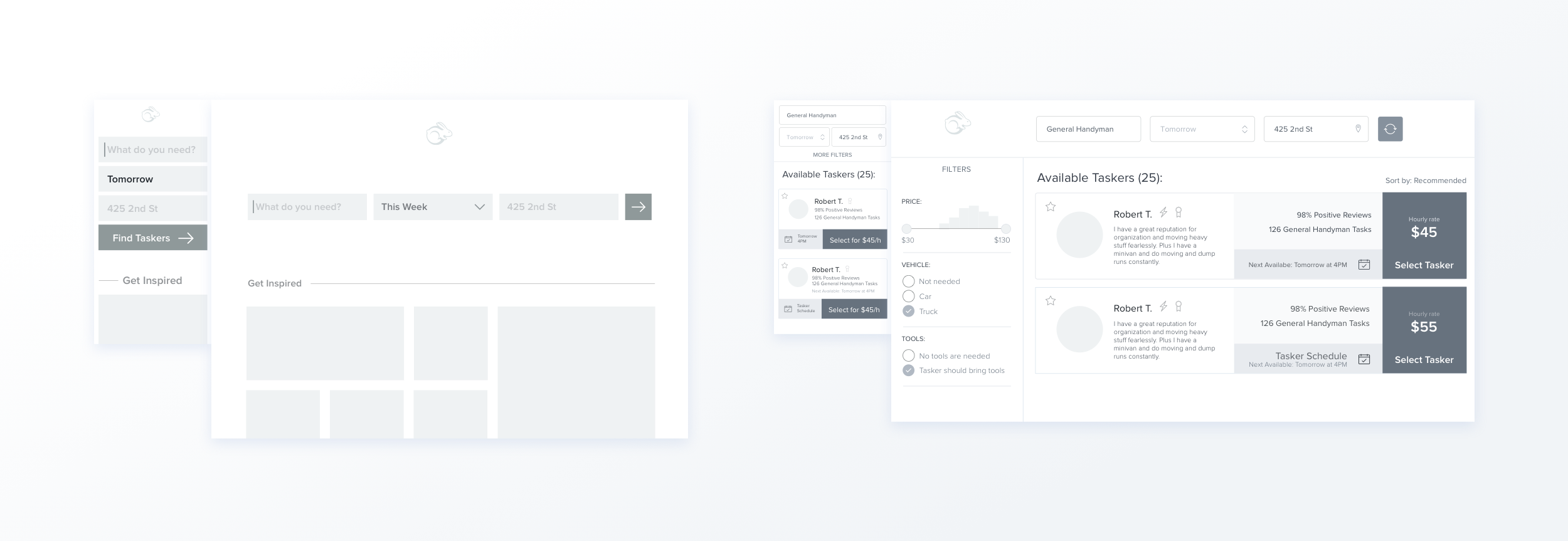 The biggest change that I introduced, had been entirely removing one step from the flow. I wanted users to go straight from homepage to the list of Taskers, as we’ve learned “choosing the right Tasker” was the most relevant decision they had to make in order to book.