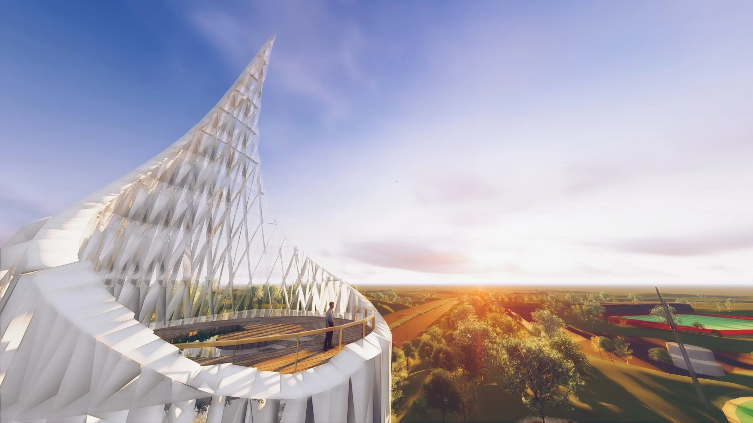   The "Marker" functions as an observatory tower, allowing for the users of the sports park to watch sporting games and to look out over Eastern Creek and the Morreau Reserve.  