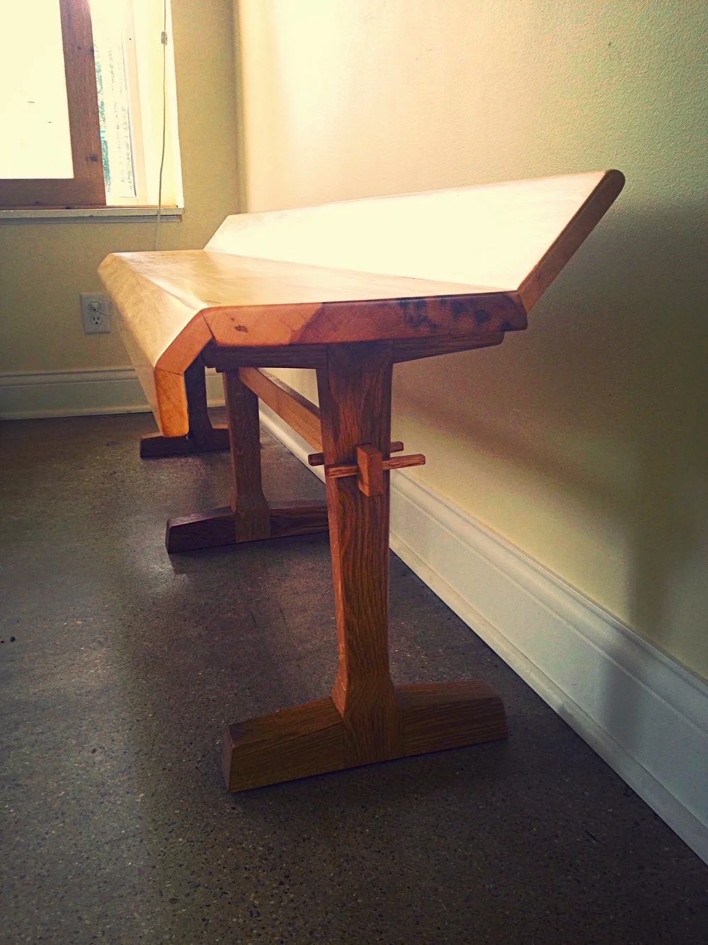   BENCH II coopered maple top white oak legs with bridal joints pegged stretcher - 2015 