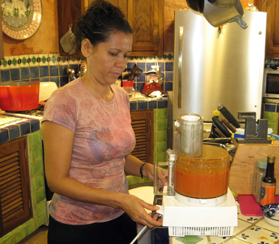 Blending the tomatillo/carrot/onion base for the bisque.