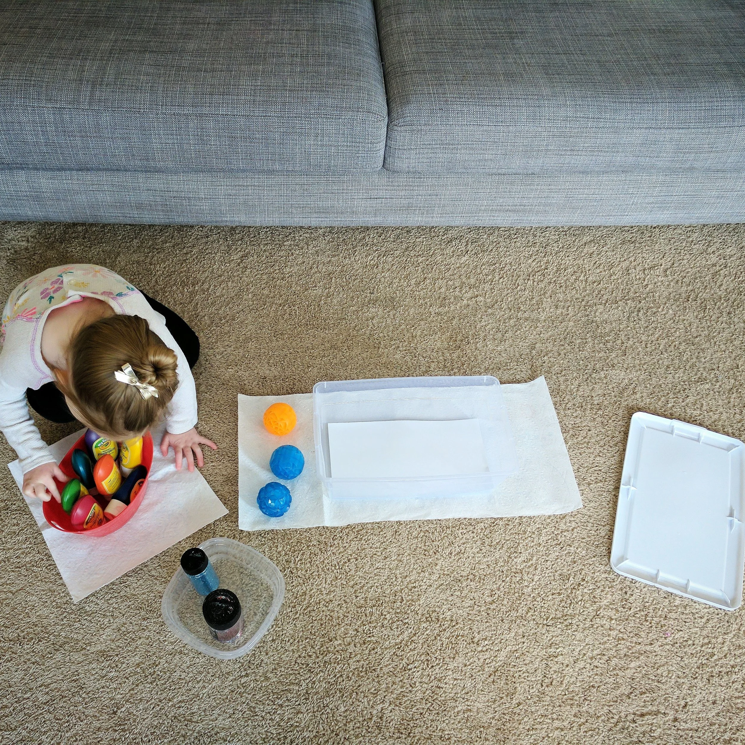 plastic containers & lid / card stock paper / paint / glitter / light-up bouncy balls