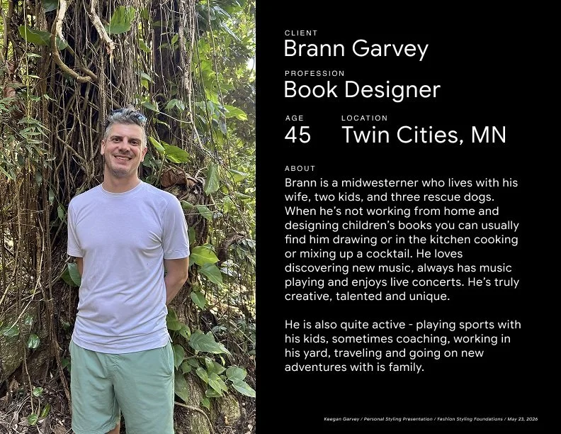 Needing a personal shopper and stylist? Look no further. Here is an example of what I can provide. For this project, I chose to use my husband, Brann. We worked together to articulate his style vision and types of looks for his lifestyle. So much fun
