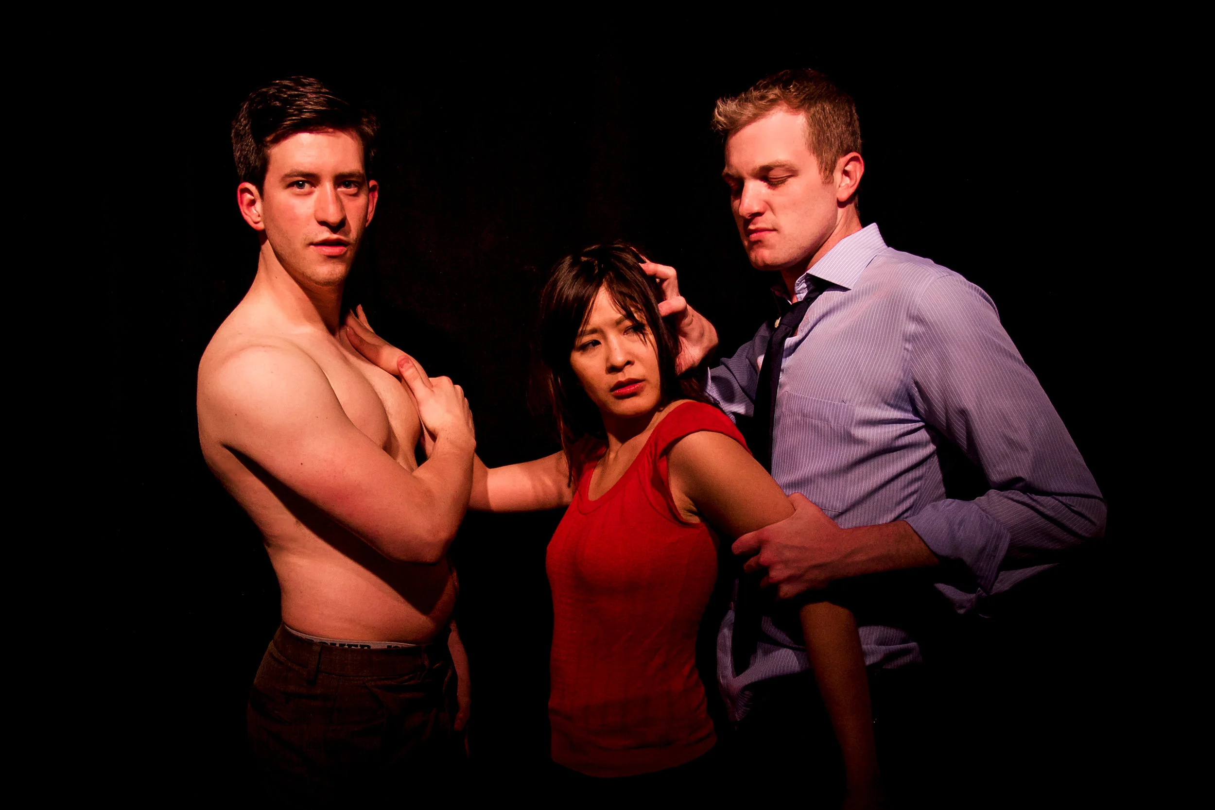 Max Meyers (L), Meggy Hai Trang, and Chad Ryan. BLANKETS AND BEDTIME: 3 RESTLESS PLAYS by Erik Champney. Photo by Bryan Cash. 