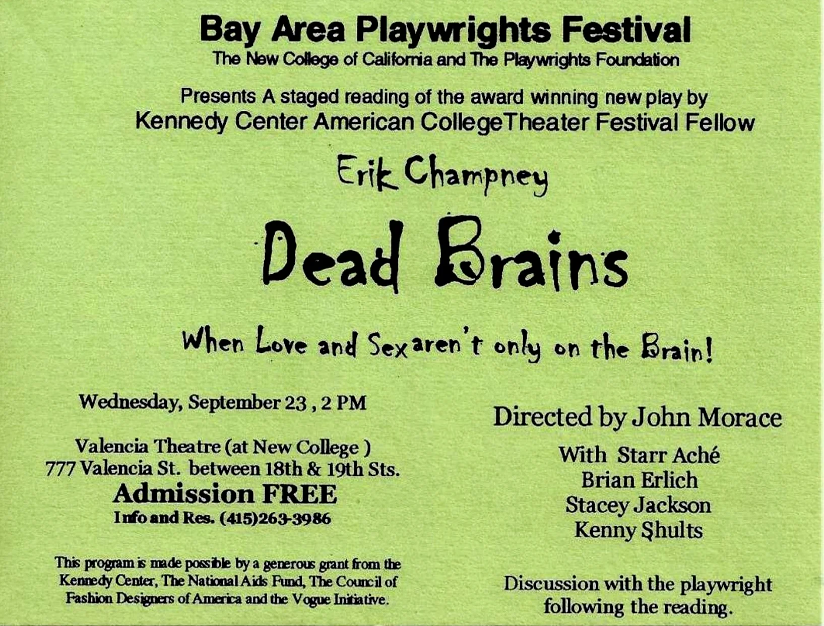 DEAD BRAINS (Bay Area Playwrights Festival)