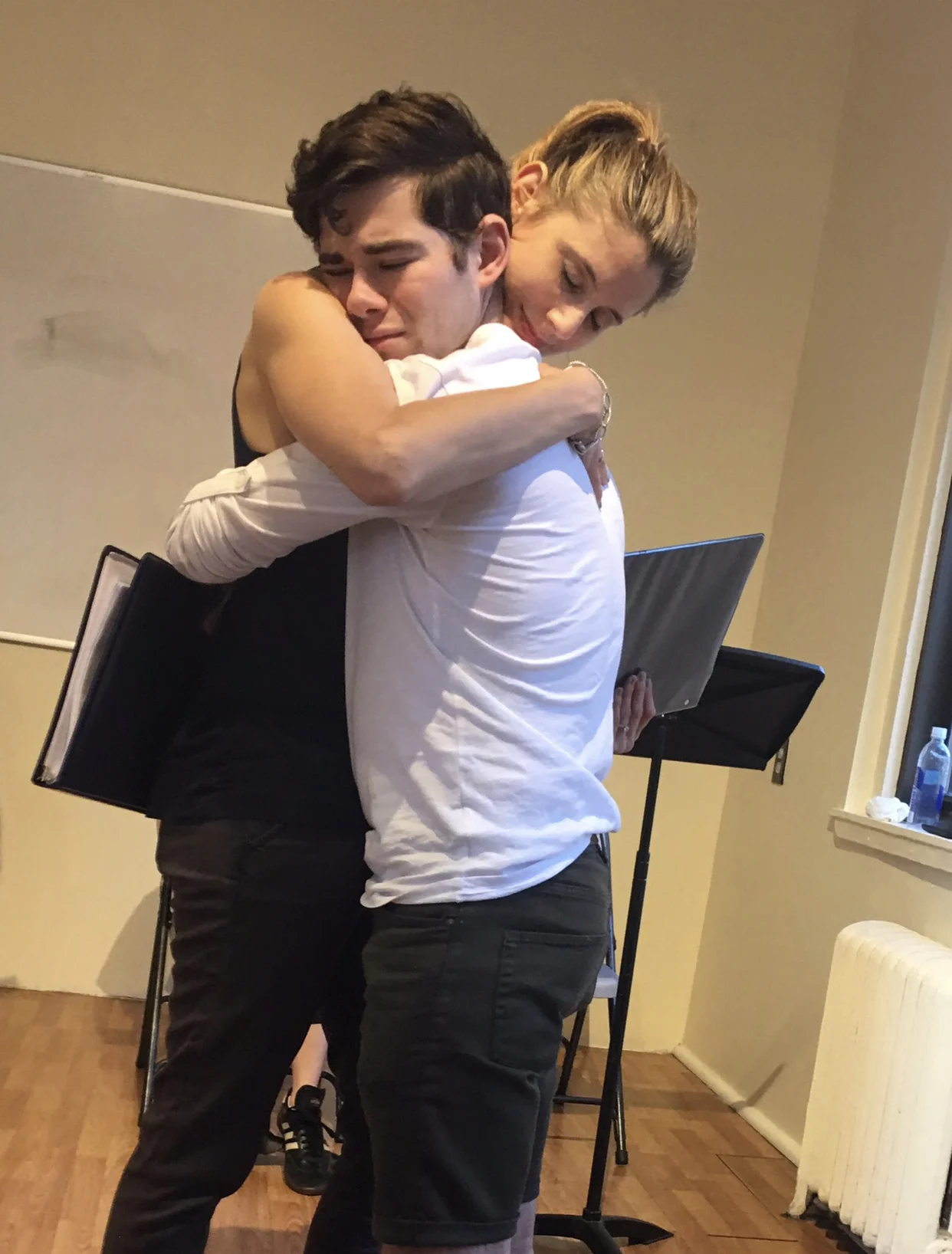 Elizabeth Inghram’s Lang embraces Misha Osherovich’s Georgie during rehearsal for PANGAEA by Erik Champney.