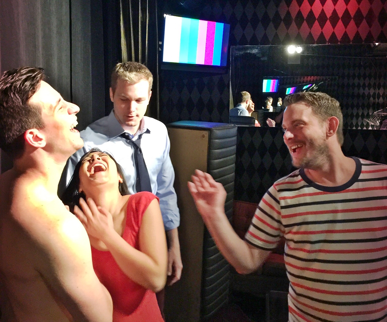 Max Meyers (L), Meggy Hai Trang, Chad Ryan, and Erik Champney, during our publicity shoot for BLANKETS AND BEDTIME: 3 RESTLESS PLAYS. Photo by Janet Bentley.