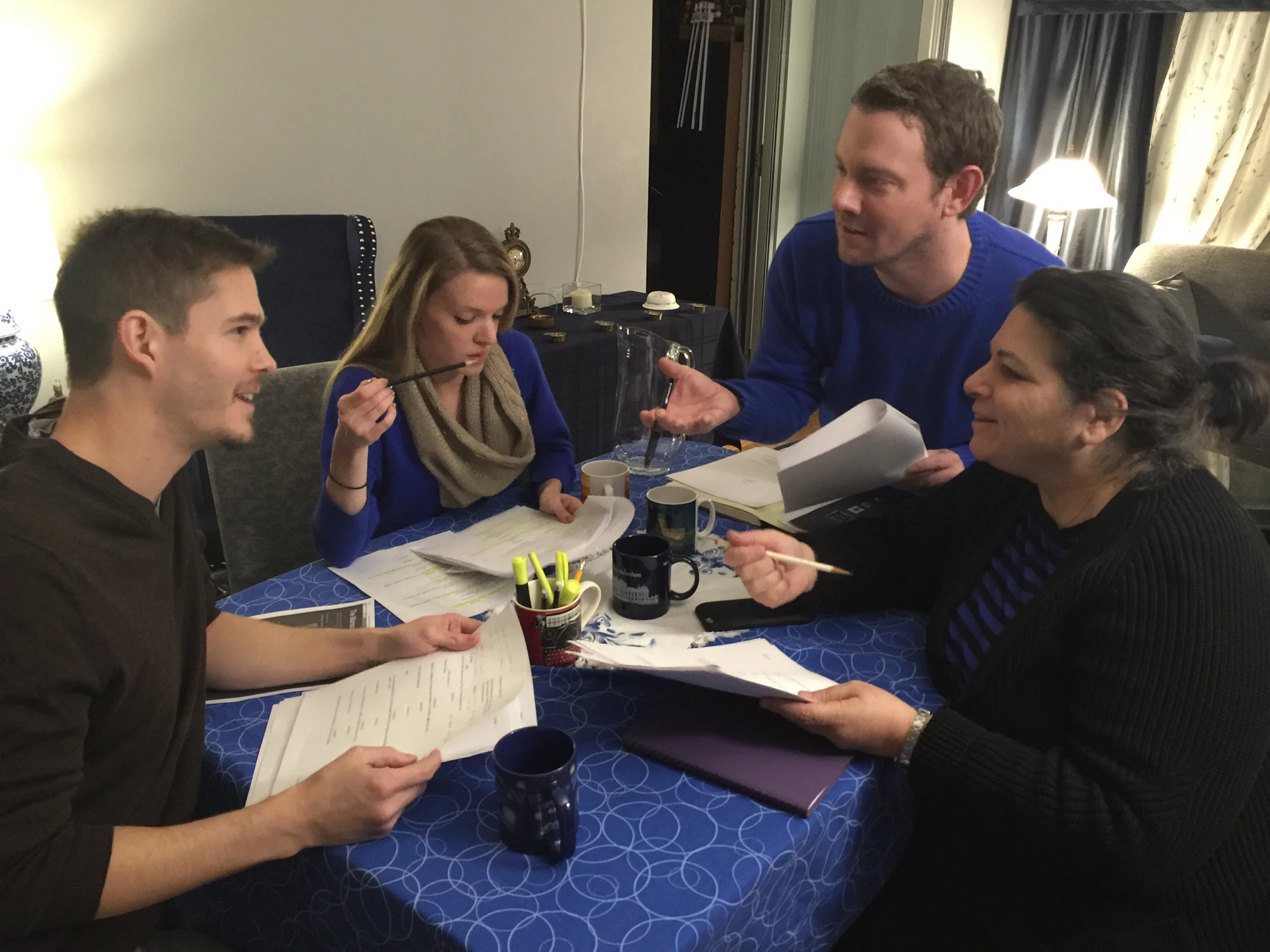 Delving into SNAKE with Dylan Goodwin (L), Alanna Dachille, playwright Erik Champney, and director Joan Kane.