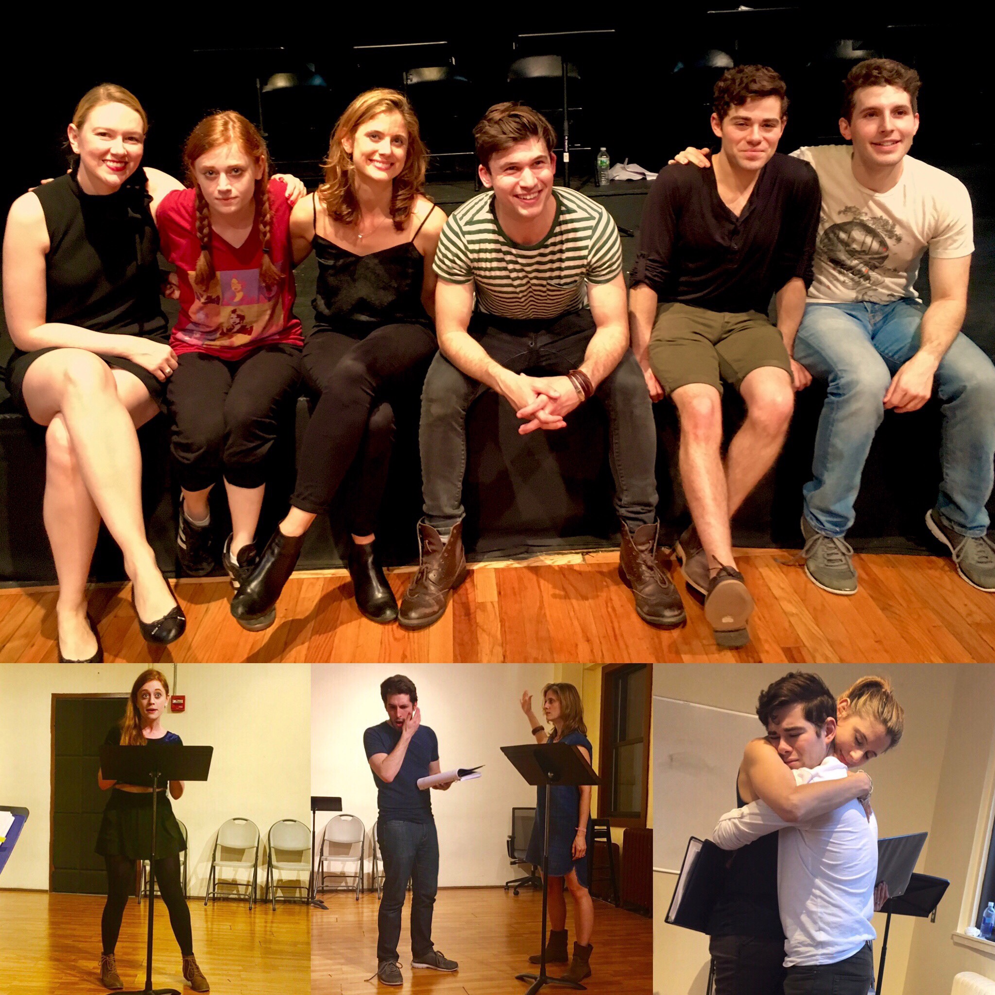 Top: (from L) Charity Schubert (Stage Directions), Susannah Perkins (Gertrude), Elizabeth Inghram (Lang), Marrick Smith (Ross), Misha Osherovich (Georgie), and Ryan Molloy (Phillip). Bottom: (L cube) Susannah Perkins, (Center cube) Ryan Molloy (L) and Elizabeth Inghram, (R cube) Elizabeth Inghram embraces Misha Osherovich.