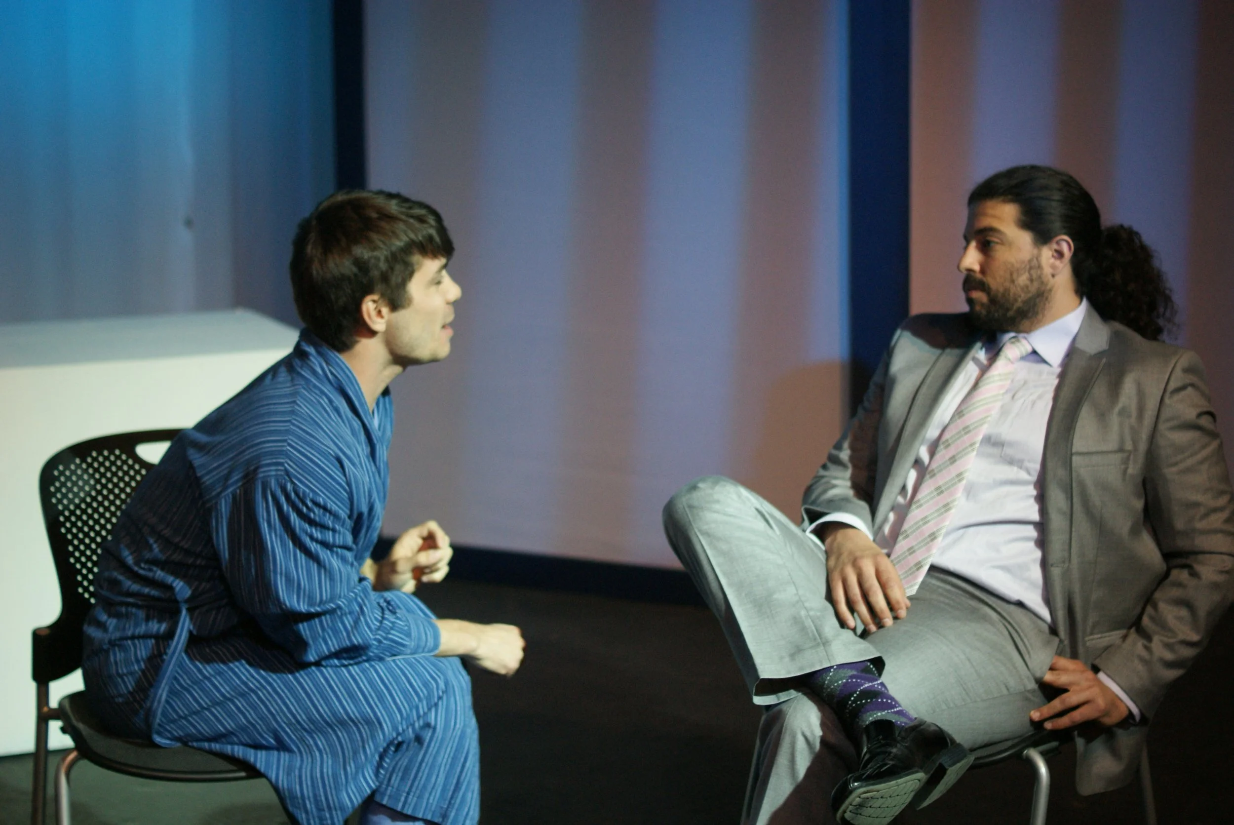 MadLab Theatre (Columbus, OH): Chad Hewitt (left) as Allen and Andy Woodmansee as Damien in THE SCREENS by Erik Champney. Photo by Andy Batt.