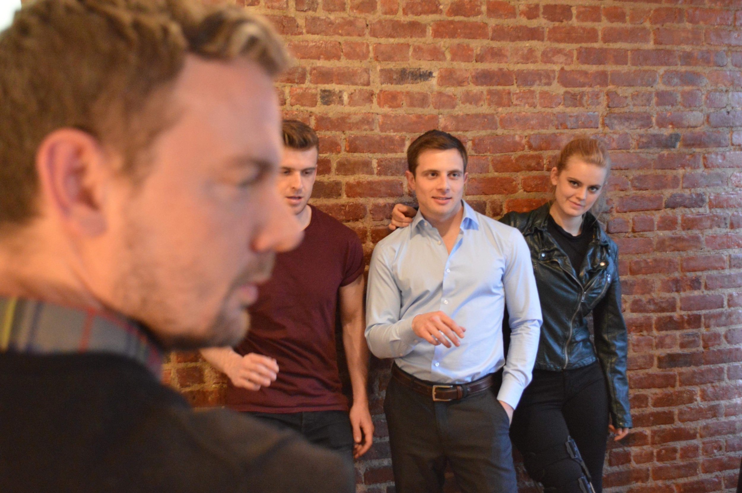 The Clemente Center (New York, NY): Playwright Erik Champney with actors Matt Maretz (left), Richard Wingert, and Ellie Gossage during a publicity shoot for DEAD BRAINS.