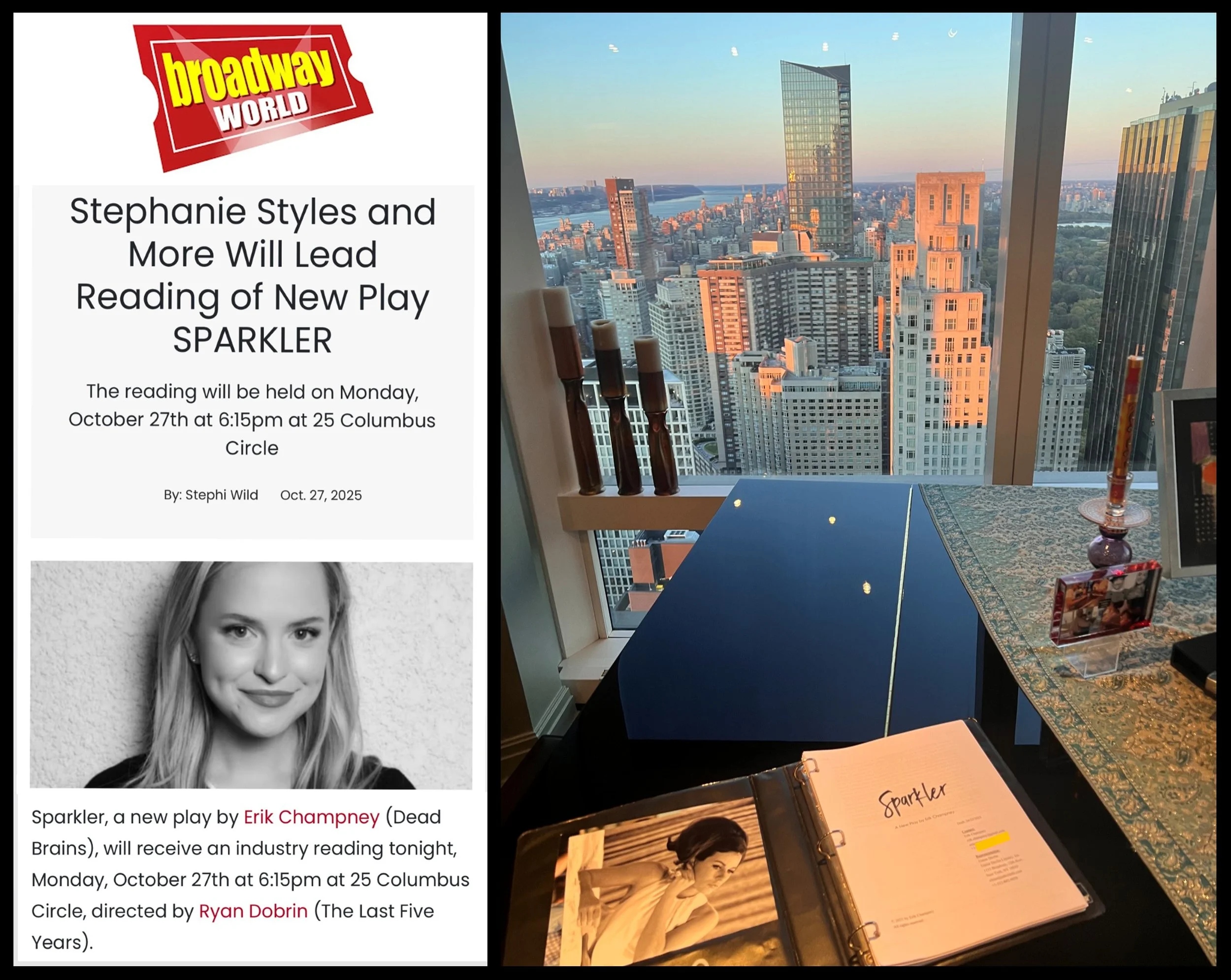 Staged Reading/25 Columbus Circle: Broadway World announces SPARKLER by Erik Champney, featuring Stephanie Styles.