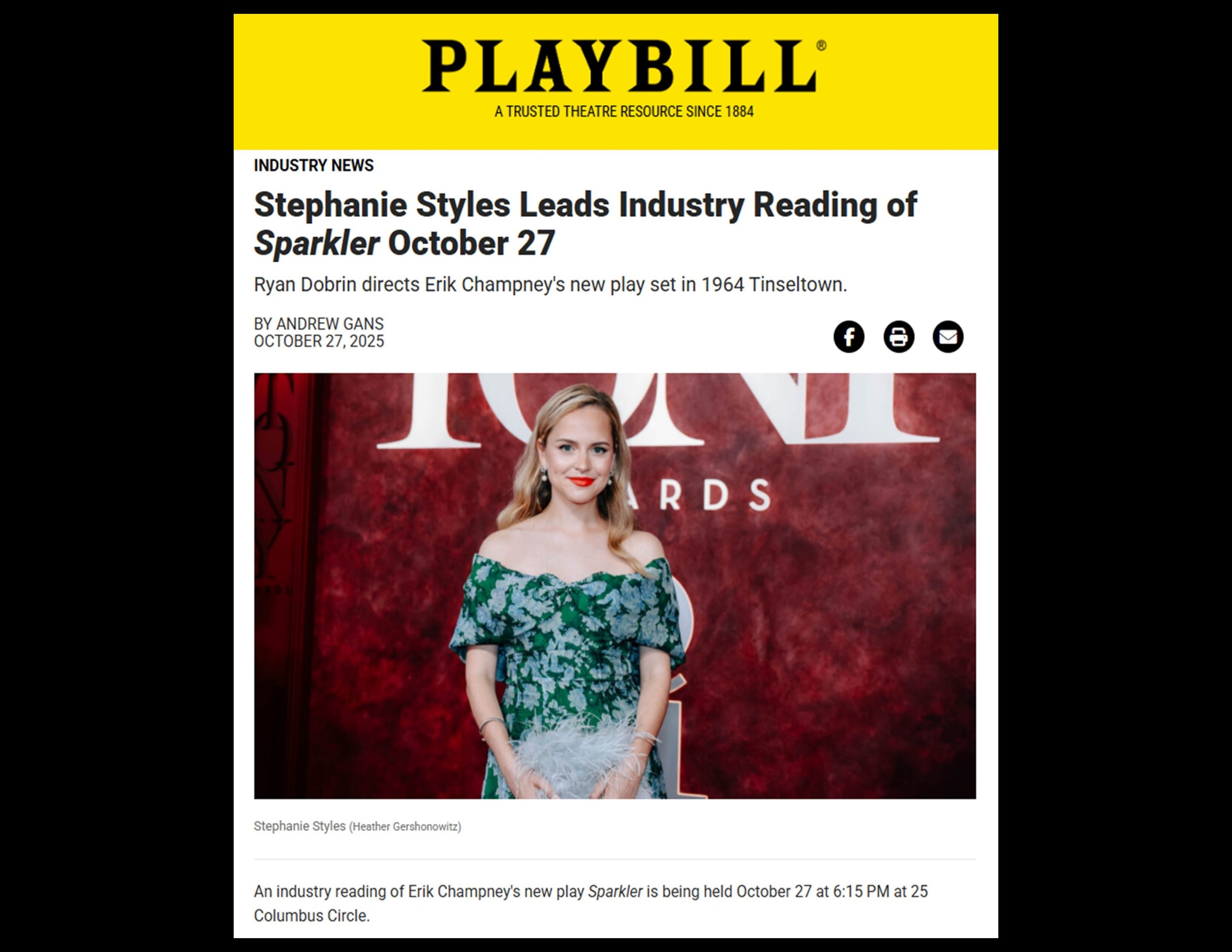 Staged Reading/25 Columbus Circle: Playbill announces SPARKLER by Erik Champney, featuring Stephanie Styles.