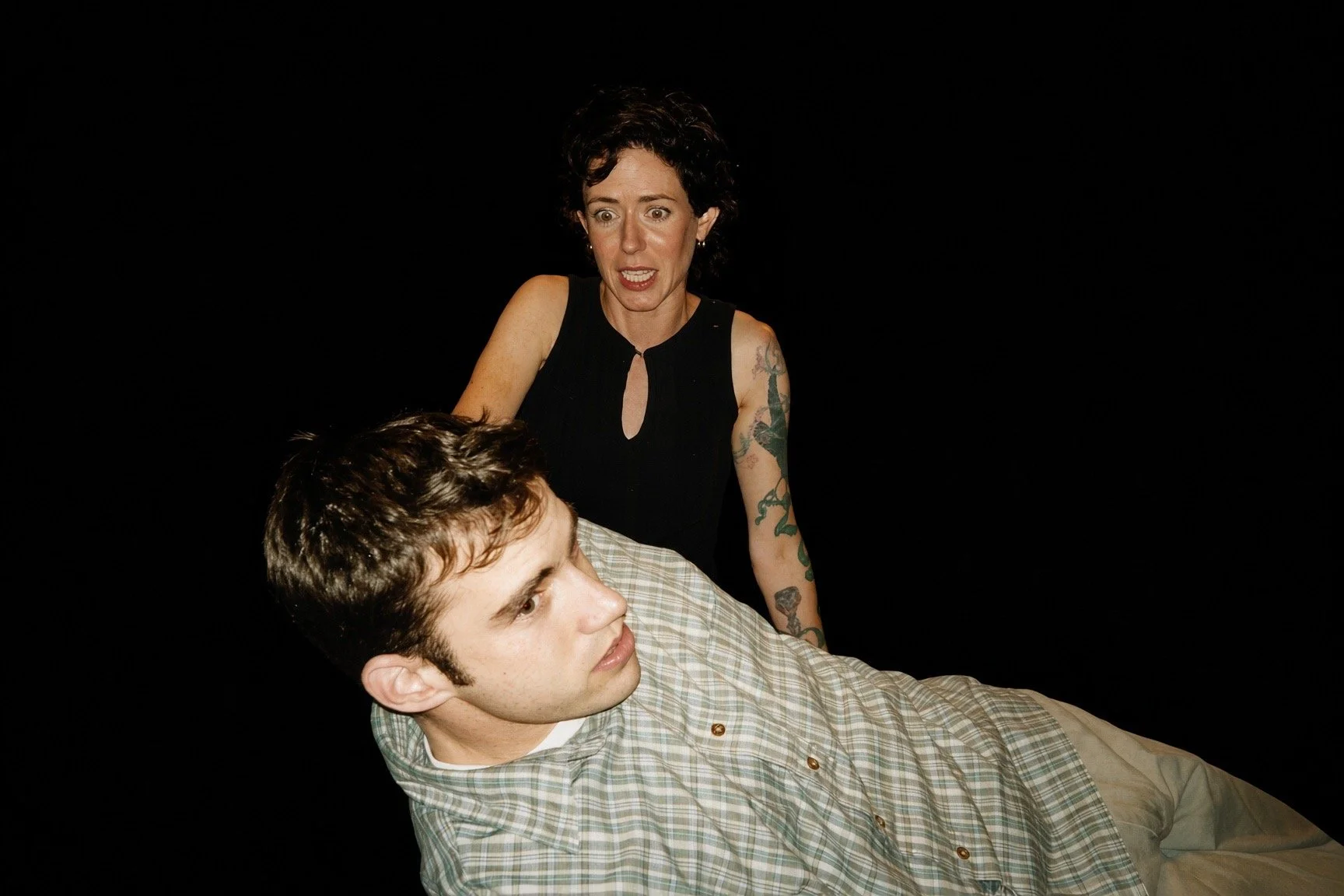 Bay Area Playwrights Festival (San Francisco, CA): Stacey Jackson (standing) as Philly and Kenny Shults as Corey in DEAD BRAINS by Erik Champney.