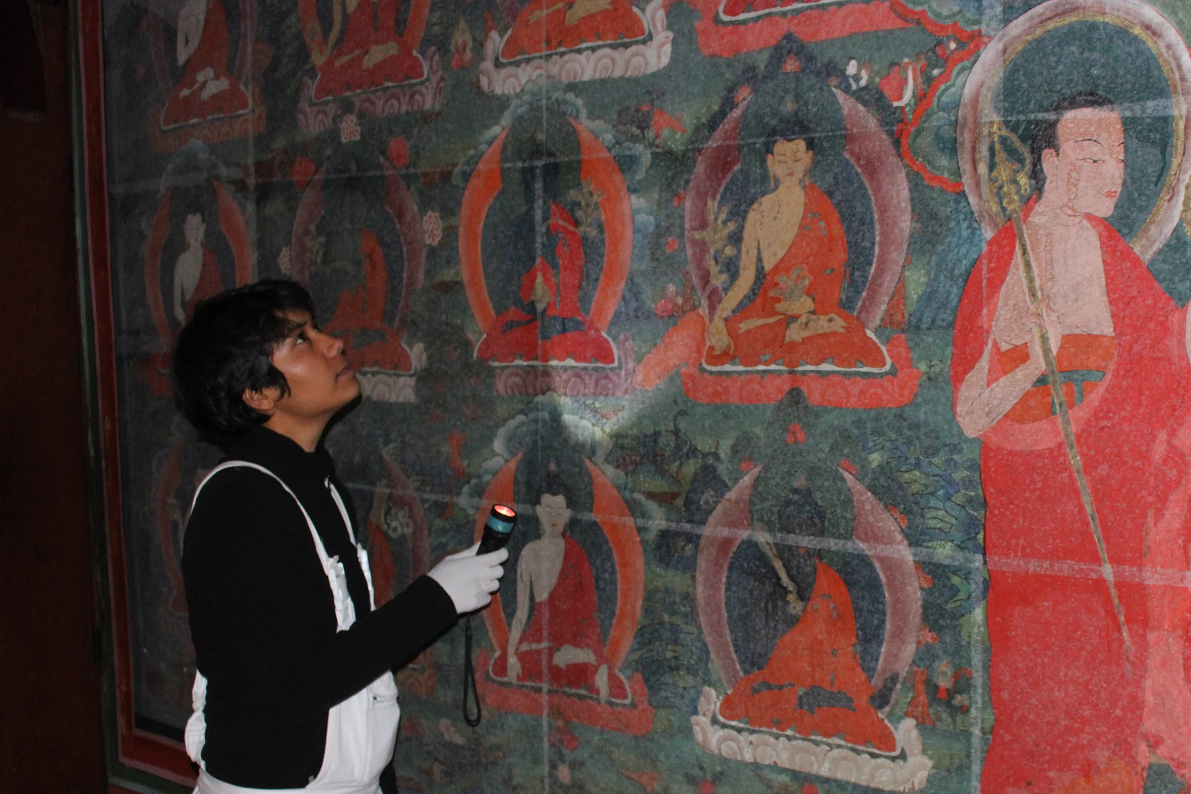 Kalpana uses a raking light to see the topographical information of the painted surface at the Tango Monestry, Bhutan. 