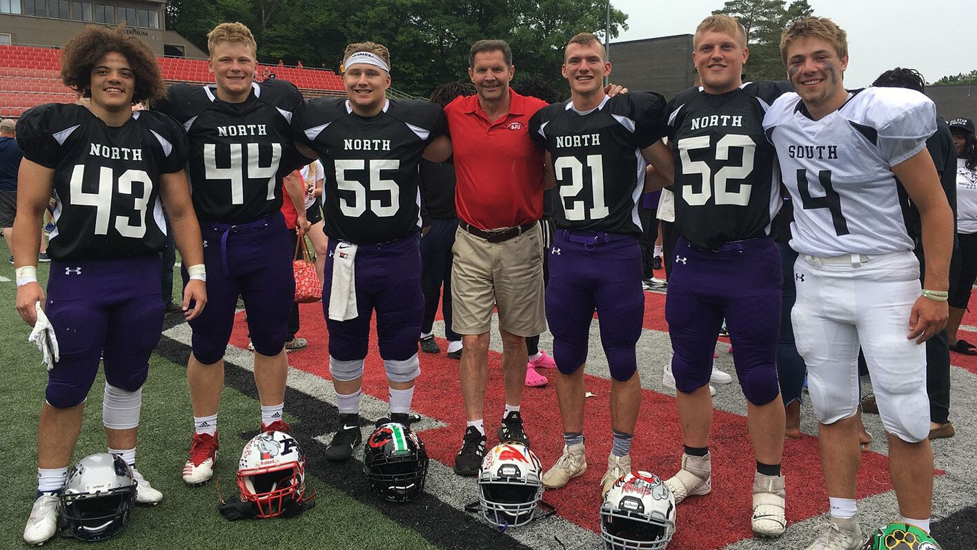 Wow! Check out this group of beefy frosh, all Minnesota All-Staters who have chosen St. John's. Their new coach,&nbsp;Gary Fasching&nbsp;'81, is a pretty tall, good-sized man, but these guys!...well, you get the idea. &nbsp;While each of these youngsters looked good during the All-Star game, the two fellows on the left — #43 and #44 — really put on a defensive show. &nbsp;Go&nbsp;Johnnies!