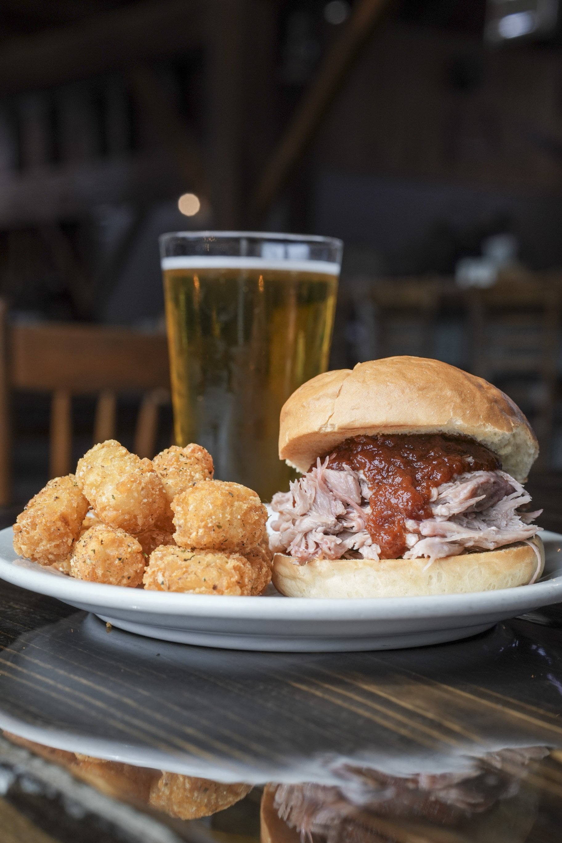House-smoked pork sandwich with barbecue sauce at Old Barn Restaurant near Lanesboro and Preston, Minnesota