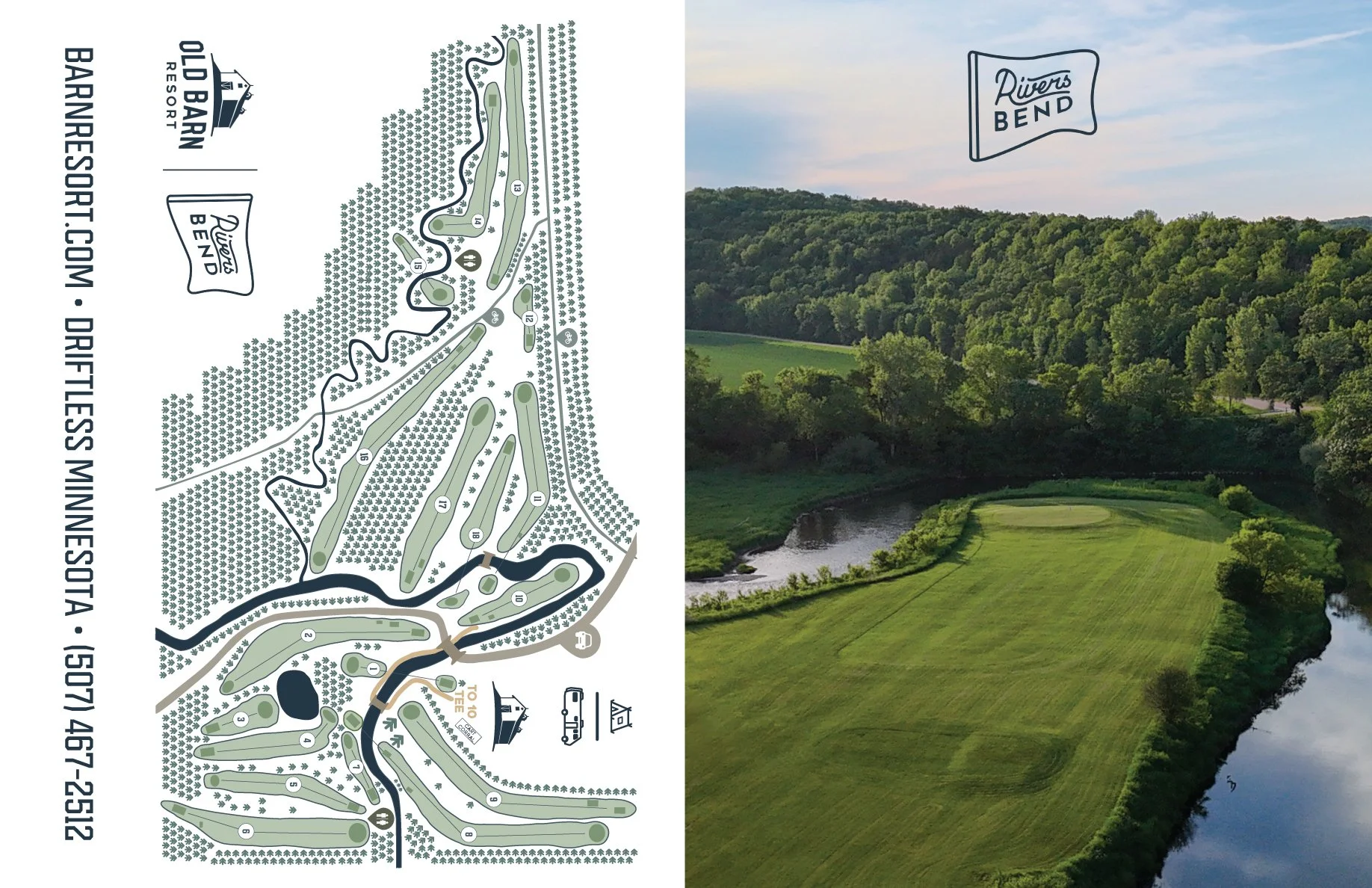 Aerial view of our signature golf hole 10 and a map of the 18 hole golf course