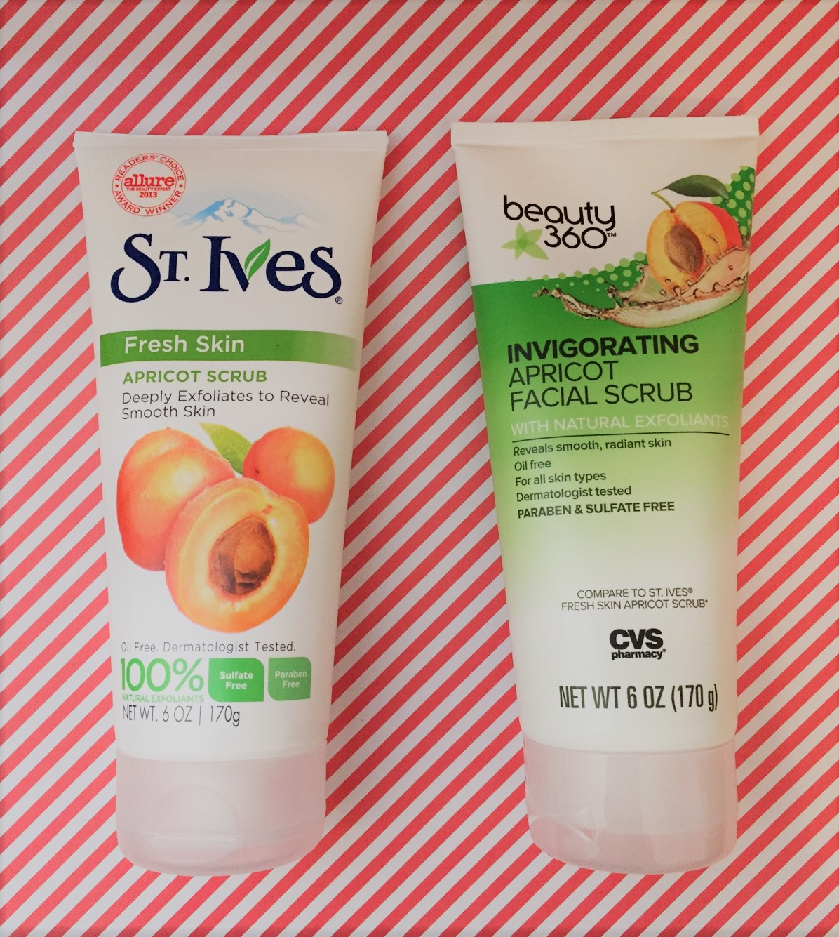 We compared the CVS version of St. Ives Apricot Scrub to the real St. Ives Apricot scrub. 