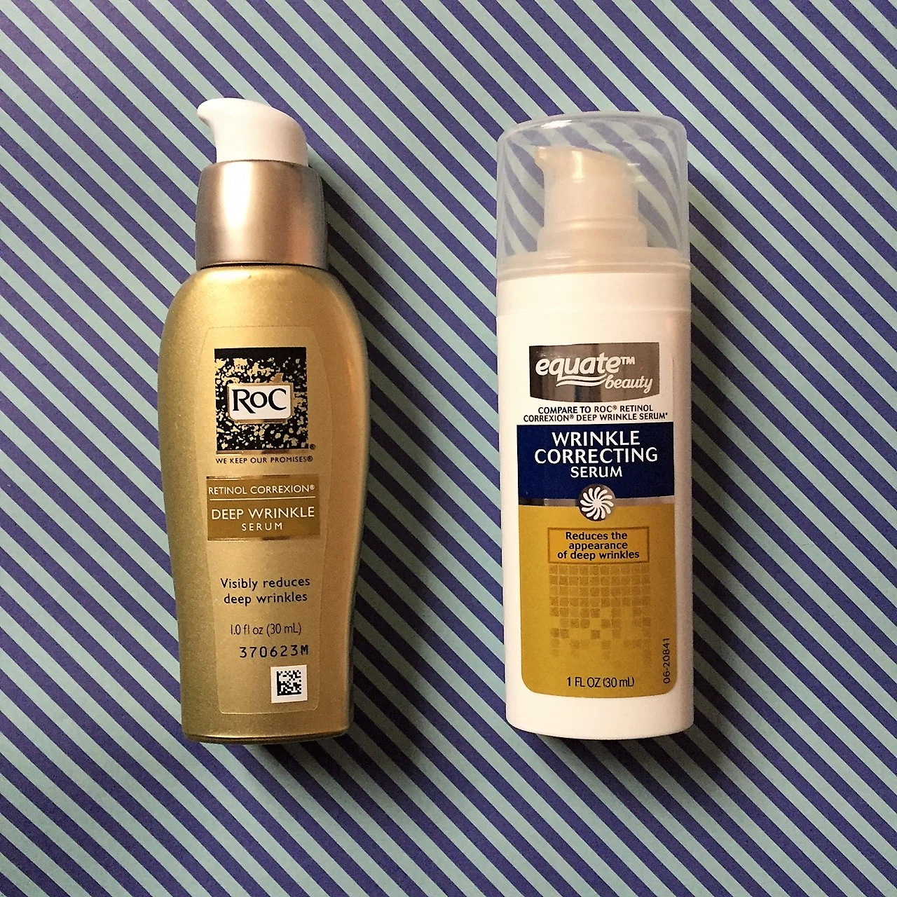 The equate bottle isn't as pretty as the RoC bottle. (The equate version is just basic plastic, whereas the RoC version is heavy plastic that feels like glass.)