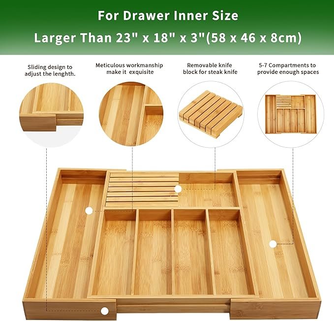 Bamboo Silverware Drawer Organizer Kitchen, Expandable Utensil Holder