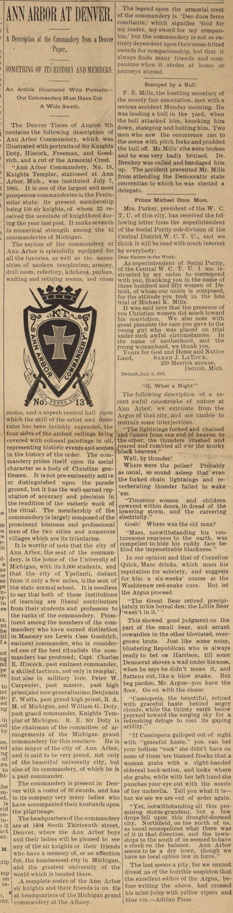 It appears that once upon a time the actions of Ann Arbor Commandery, No. 13 were considered pretty newsworthy, so for the next couple of weeks I’m going to add a few snippets from the various articles I’ve found. We’ll start with “Ann Arbor At Denver”