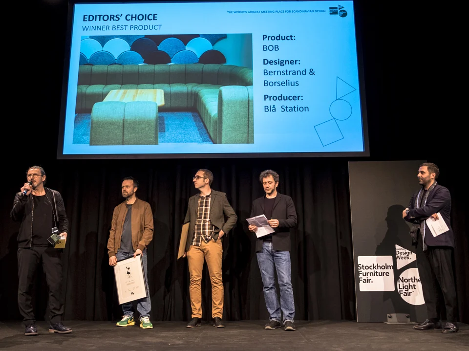 Johan Lindau, Thomas Bernstrand, and Stefan Borselius receive the prize. Motivation: a clever idea that produces a flexible seating system with a strikingly simple aesthetic. A new modular typology that could work equally well in the home or in commercial spaces. Image: Blå Station