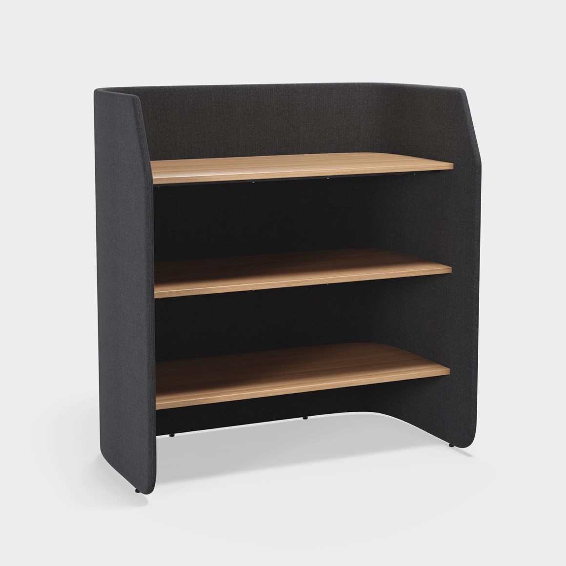 STORAGE COVE High back. Four fitting options. Available with clothes rack for outerwear. Stabilizer feet for steady placement. Laminate, veneer, or solid wood shelving.