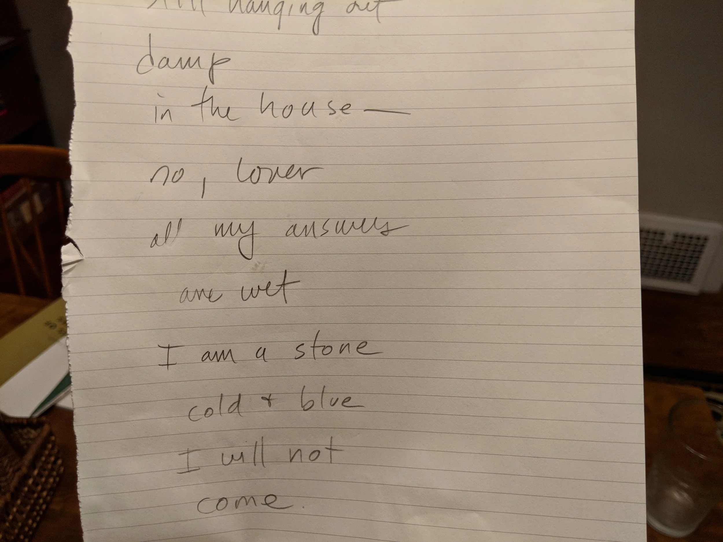 Here’s the poem that was generated out of my diary. Notice the line taken from the typewritten image above this one. The poet admitted to me she had received a call from a former lover the night before, and it had influenced her reading of my objective diary, which was really fascinating.