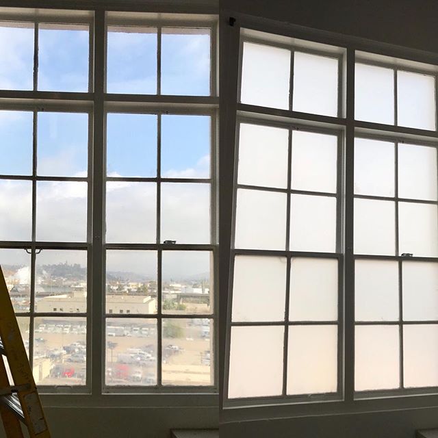 Some before and after pics of white frost window tint in a commercial building. This adds protection from UV rays and also adds privacy for the office. #windowtinting #windowtint #tintconcept #commercialtint #whitefrost #losangeles