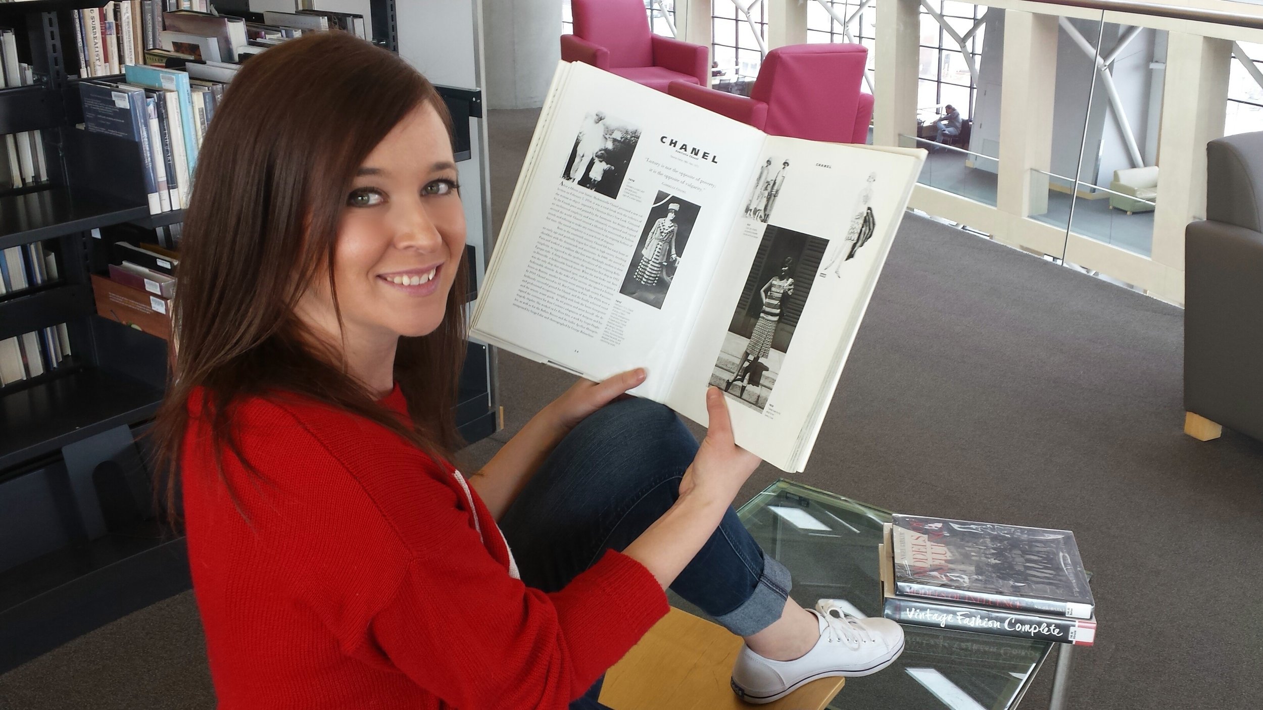 At my favorite place (the library) reading up on my Coco Chanel history.