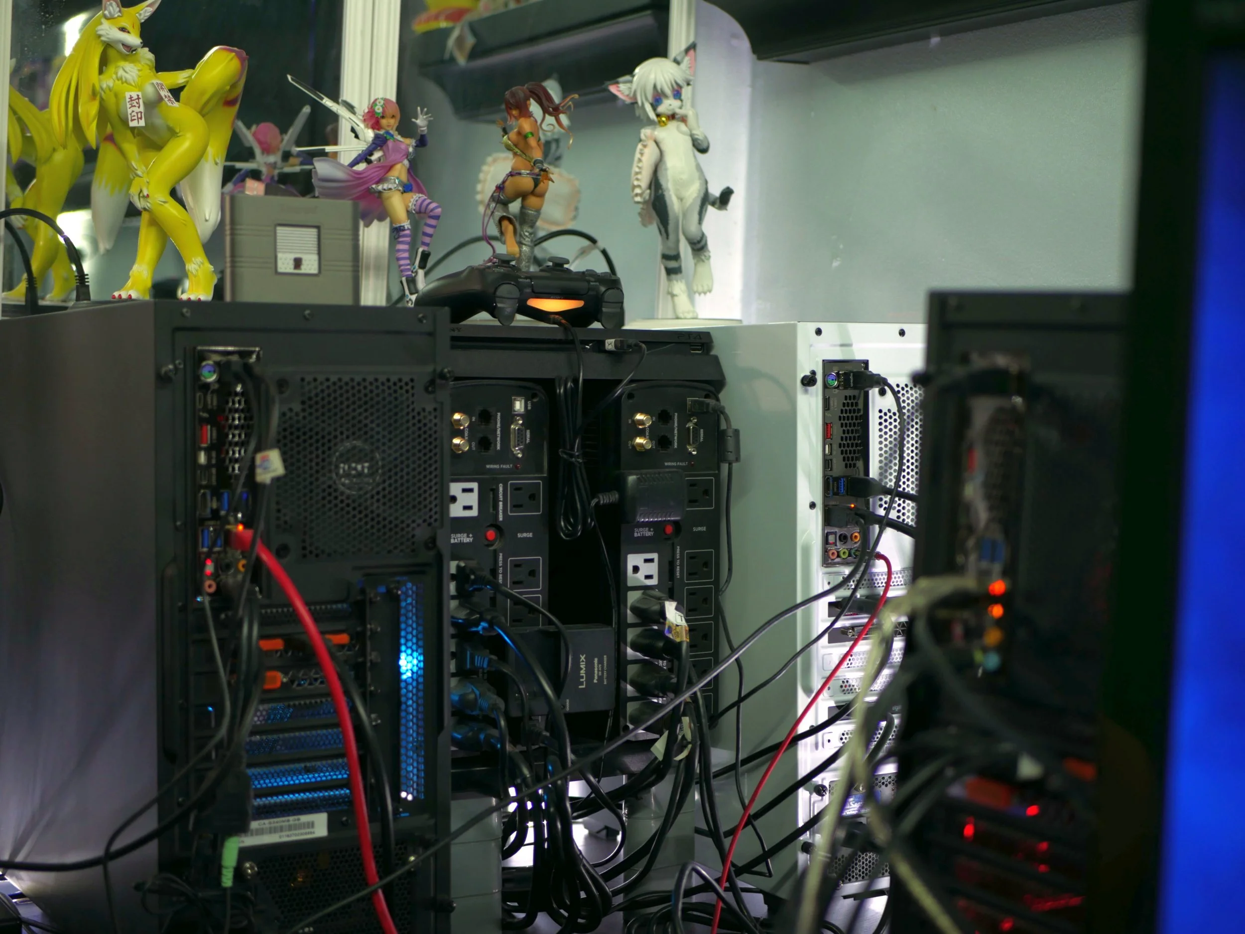Gaming PC 1 / PS4 Slim (Top) / 2x CyberPower UPS (Bottom) / Streaming PC / Gaming PC 2