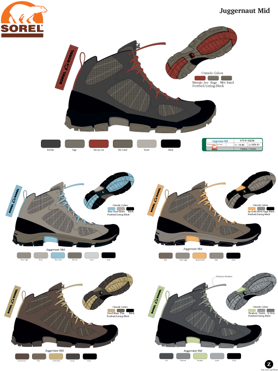 Sorel Men’s and women’s hiking boot colors.