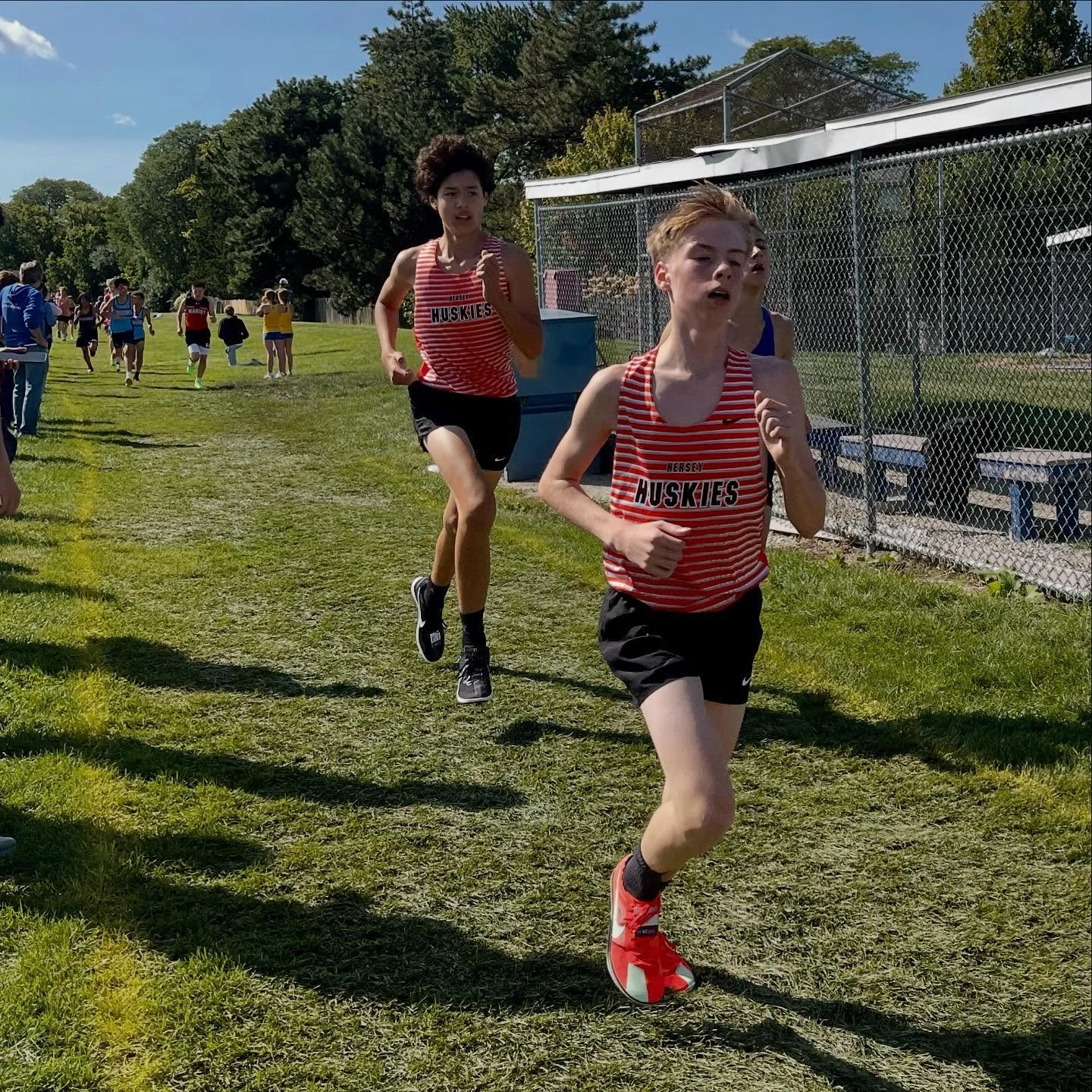 Ethan took a minute off his total time from Tuesday (conditions were perfect today) - broke 6 minutes with a 5:52 pace - and was the top Hersey finisher in the freshmen XC race today!

There were some well earned high fives from the varsity runners a