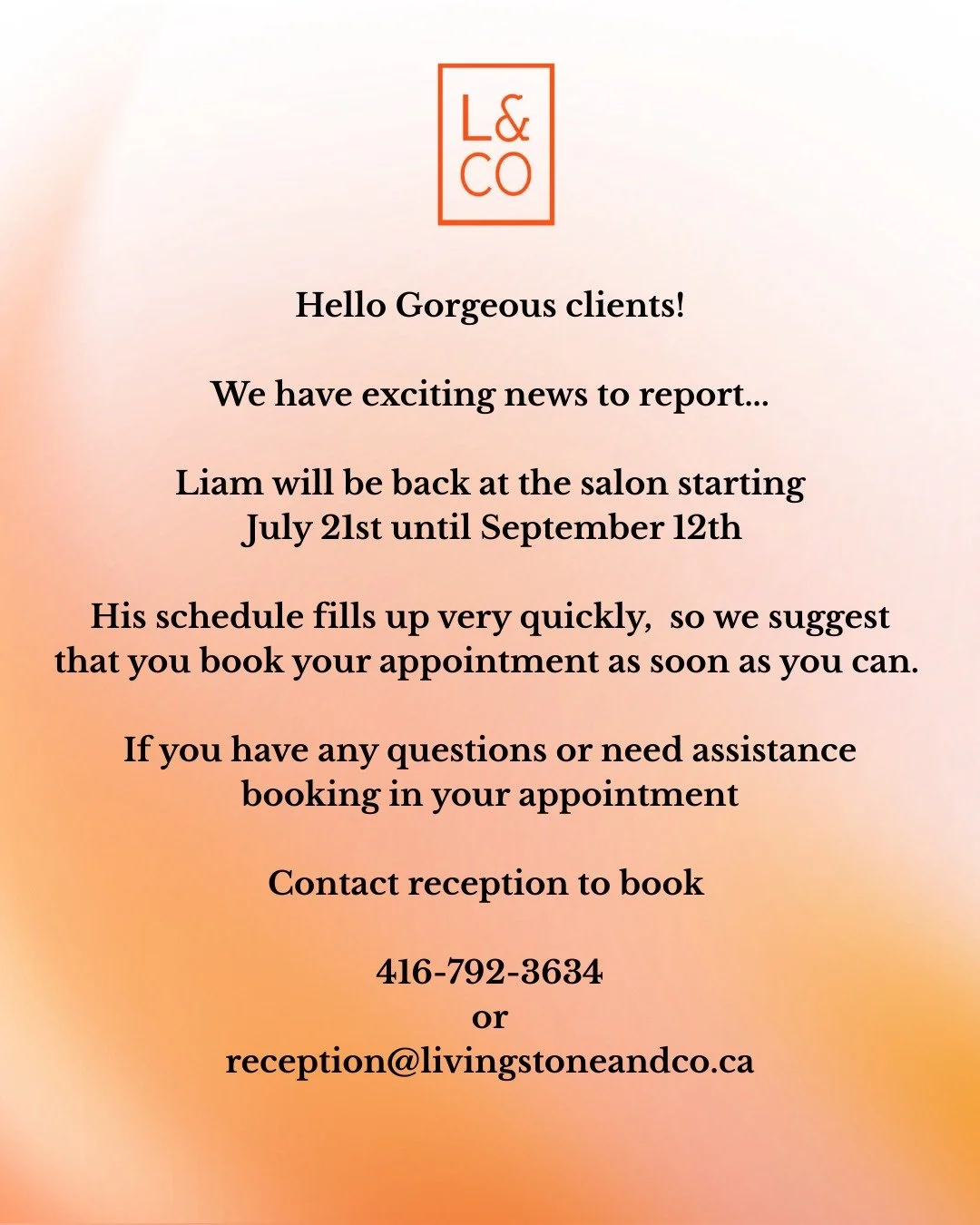 Attenzione! Our beloved Liam is back for the summer starting the 21st of this month until September 12th. We will be opening online bookings for him, but you can also call or email Momo to set up your appointment. Happy summer to all of you Gorgeous 