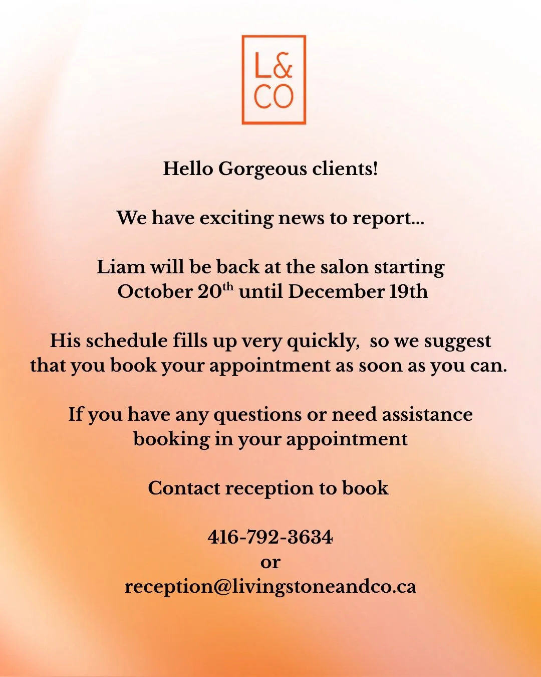 ATTENZIONE! Our beloved Liam will be back for the fall/winter season starting the 20th of October until December 19th. Online bookings are open now or you can also call or email Momo to set up your appointment ❤️