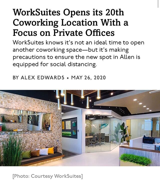 We recently completed @worksuites  20th location in the DFW area. The new 19,706-square-foot space will open with extra precautions in place. Members will be able to remain six feet apart in the 85 individual private offices, and for the communal spa