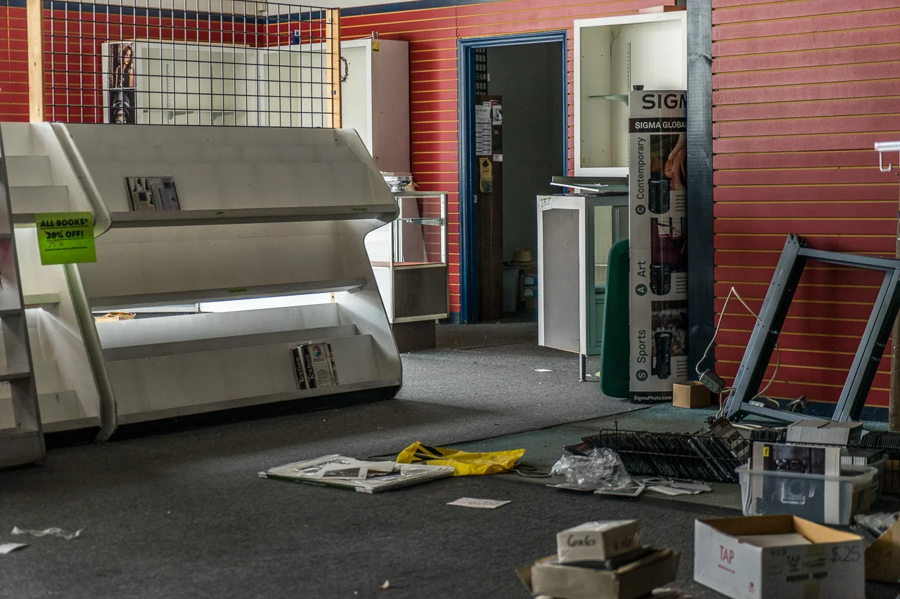 Looking towards the new equipment counter and the book section.