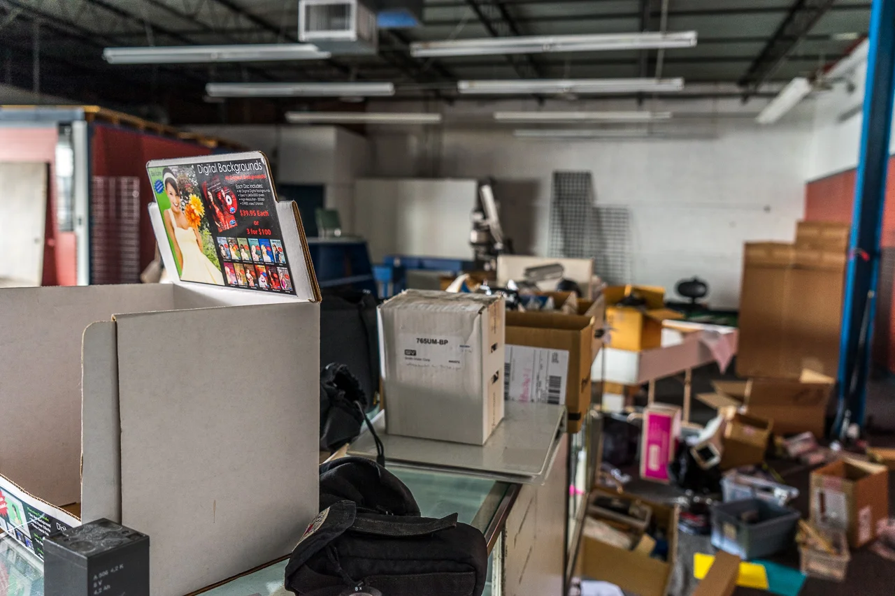 Behind the used equipment counter 