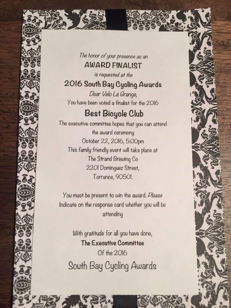 Velo Club La Grange was nominated for a Wanky at the South Bay Cycling Awards!