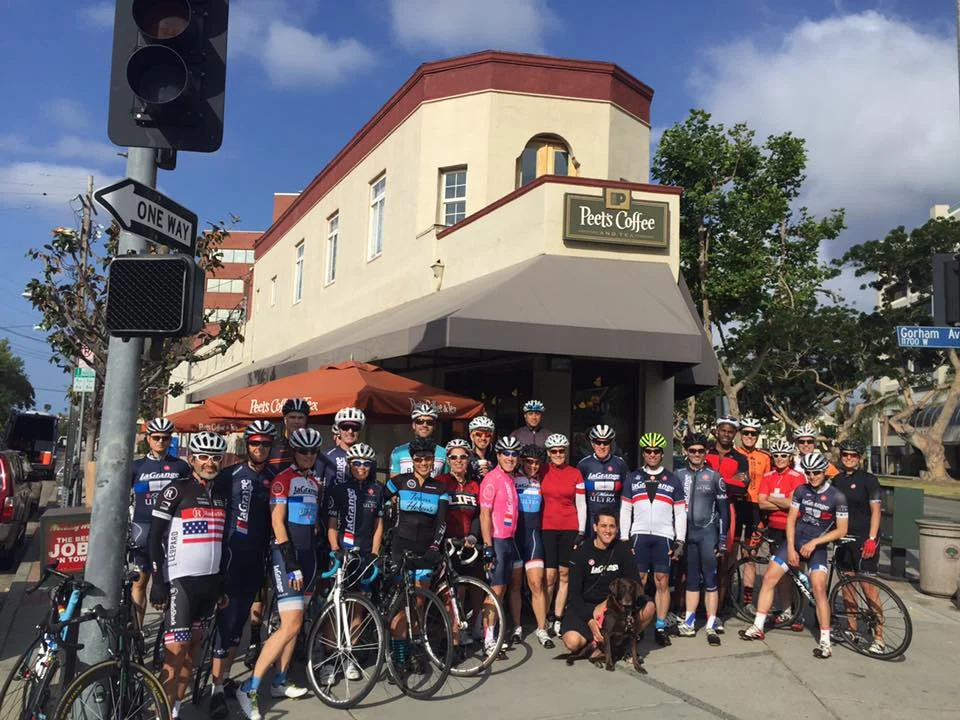 The La Grange century crew gathers at Peet's before the ride to Santa Barbara.