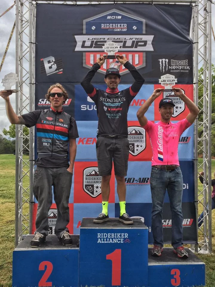 Patrick Barrett on the podium at the US Cup mountain bike race at Bonelli Park.