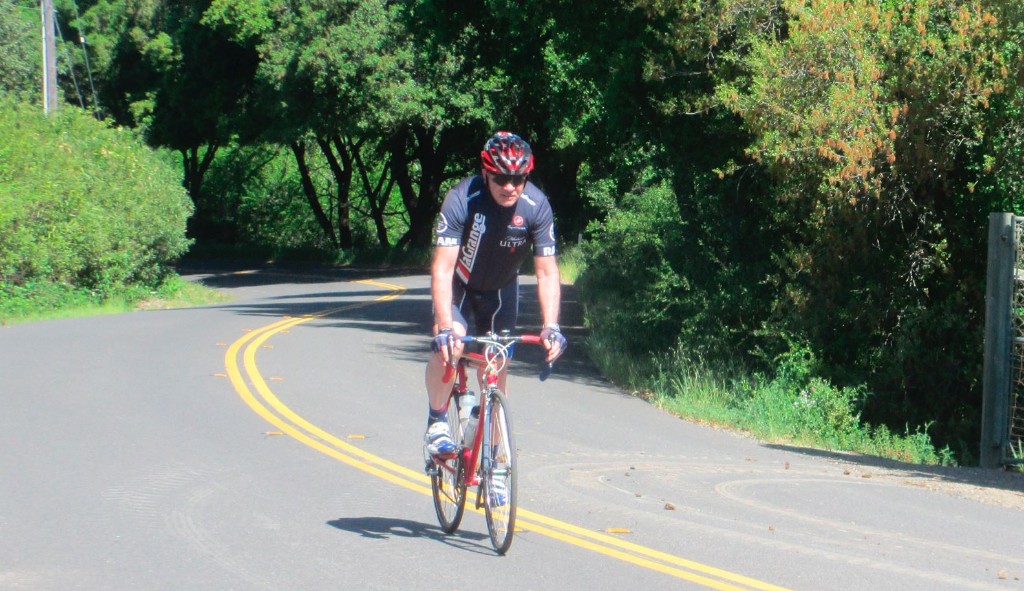 Doug Herrick: "Representing on West Dry Creek, Healdsburg, Sonoma County (Wine Country!). This is a regular route for me, to Westside Road and Wohler Bridge, then Eastside Road back home in Windsor. I do bump into Trudi and Peter on occasion, but I'm the only one out here in a La Grange kit (I do meet the occasional ex-So Cal racer and even a couple long ago La Grangers out here--you know they know the club because they don't say Lah Graynge!) If you come up for Levi's Fondo or just to visit and have your bike with you, feel free to contact me--I know all the good routes." :-)