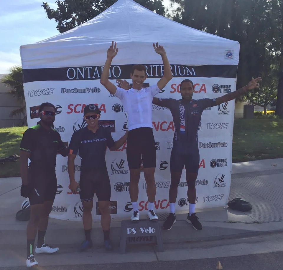 Elijah Shabbaz on the podium in the 4/5 race at the Easter Sunday Ontario Criterium!