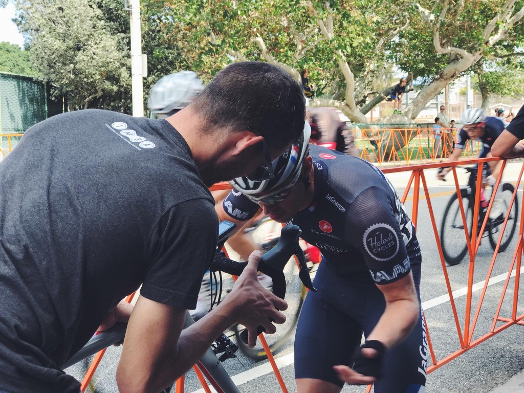 James is coming into the finish for the bell lap, and Patrick (in next race starting in five minutes) still has a brake to replace!