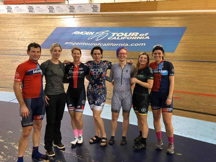 Katy Olesnavage (right) attended both intro and intermediate track clinics that were coached by Chris Birch (second from left) with help from Zach LaBry (left).